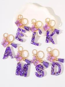 1PC Alphabet Letter Keychain For Bags ccessories purple Tassel Pendant Resin Letter Charm Purse Hanging Bag key ring Personalized Car Key Ring for Women Unique Gift Idea Bling Bling Keychains