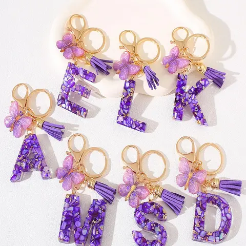 1PC Alphabet Letter Fashion Cute Keychain Kawaii For Bags ccessories purple Tassel Pendant Resin Letter Charm Purse Hanging Bag key ring Personalized Car Key Ring for Women Unique Gift Idea Bling Bling Keychains Key Ring Keyrings Accessory