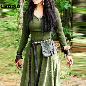 LisdinoMedieval Dress Women Long Sleeve Maxi Robe Vintage Fairy Elven Dress Renaissance Celtic Viking Gothic Cosplay Costumes