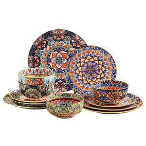 12-Piece Bohemian Style Dinnerware Set, 4 X 8.5-Inch Ceramic Plates, 4 X 10.5-Inch Dinner Plates, 4 X 6-Inch Bowls, Perfect for Steak, Pasta, and Fruits, Family Use Essential for Kitchen and Dining Room