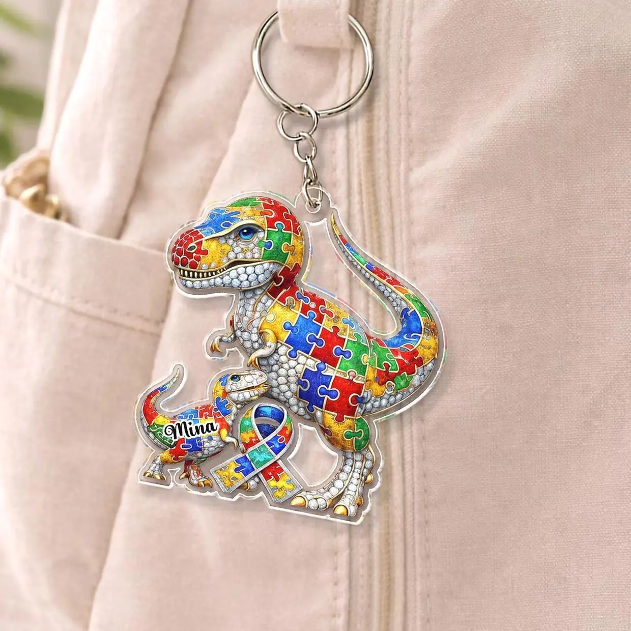 Personalized Autism Dinosaur Keychain, Custom Name Puzzle Keychain, Autism Mom Gift, Special Needs Mom Gift, Strong Mama Gift