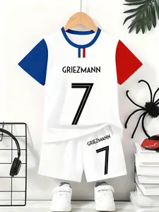 2026 Summer Children Griezmann 7 Set, France Team Colorblock Tee Shorts Two-Piece, Football Sport Casual Athletic Outfits Kids Clothing