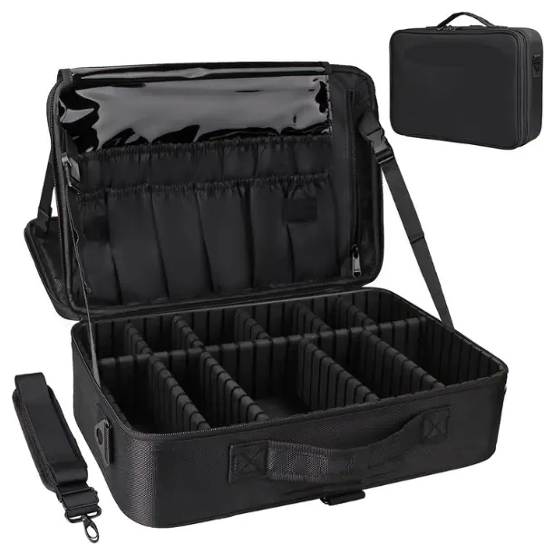 Makeup Case Large Makeup Bag Professional Train Case 16.5 inches Travel Cosmetic Organizer Brush Holder Waterproof Makeup Artist Storage Box, 3 Layer Large Capacity, with Adjustable Strap