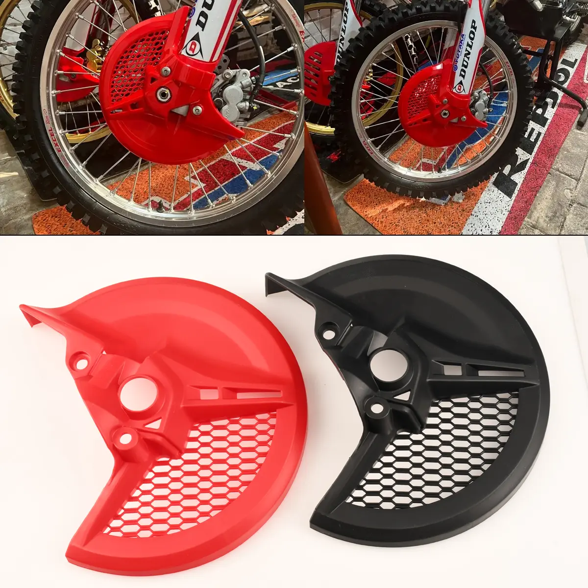 100% Brand New Durable Plastic Motorcycle Brake Protectors - 1 Piece, Pre-Drilled, Unique Shape, Ventilation, 35% Weight Savings, Front Disc Debris Shield & Rear Calipers Cover for Honda CRF250R/RX, CRF450R/RX Series Bikes
