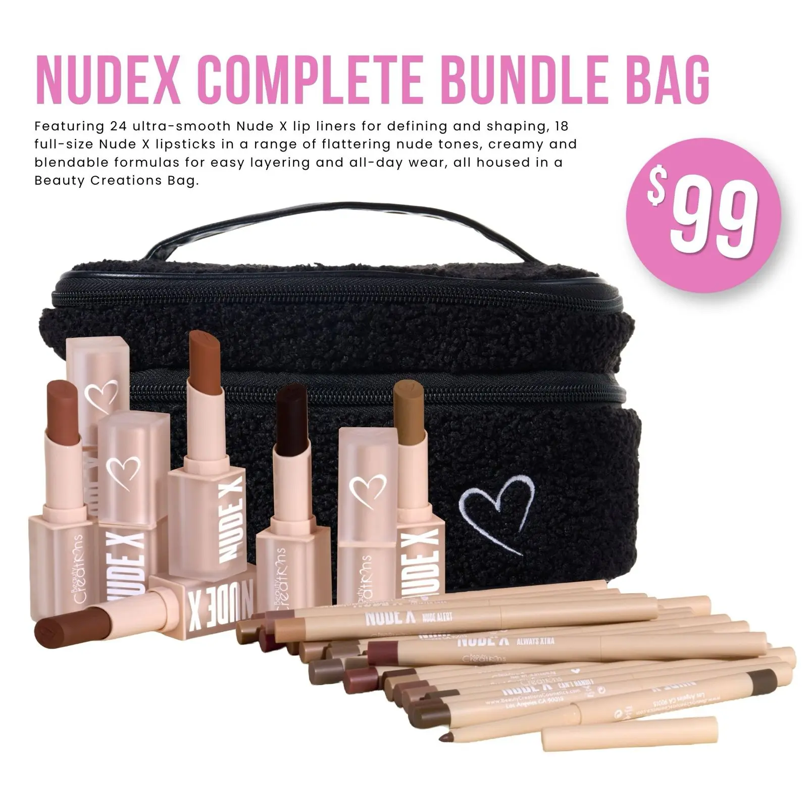 Beauty Creations NudeX Bundle - 42-Piece Neutral Tones Lip Combo Set, Beeswax Base Moisturizing Lipstick & Lipliner, Teddy Vanity Bag, All Skin Types Everyday Glam Makeup Products Gift Set for Women