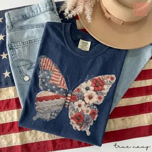 (FAUX PATCHWORK-PRINT) Comfort Colors Faux Patchwork, Faux Patriotic Butterfly Shirt, Digital Print Shirt, American Flag Butterfly Tee, 4th Of July Shirt, Independence Day Gift, Gift for Her - HARSIN