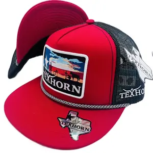 TEXHORN Red Hat with Red Brim, West Texas Style, Featuring "TEXHORN" Embroidery, and Black Mesh Back