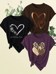 Women's Heart Print Round Neck Tee, Casual Short Sleeve Crew Neck T-shirt for Daily Everyday Wear, Ladies Clothes for All Seasons, Womenswear Top