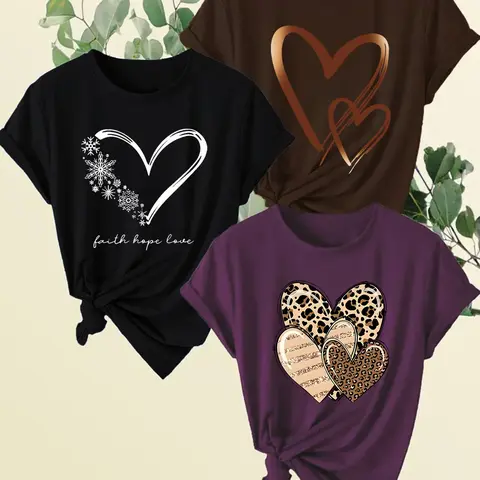 Women's Heart Print Round Neck Tee, Casual Short Sleeve Breathable Crew Neck Fit Twist T-shirt for Daily Everyday Wear, Summer Ladies Clothes for All Seasons, Womenswear Top, Casual Everyday Tops