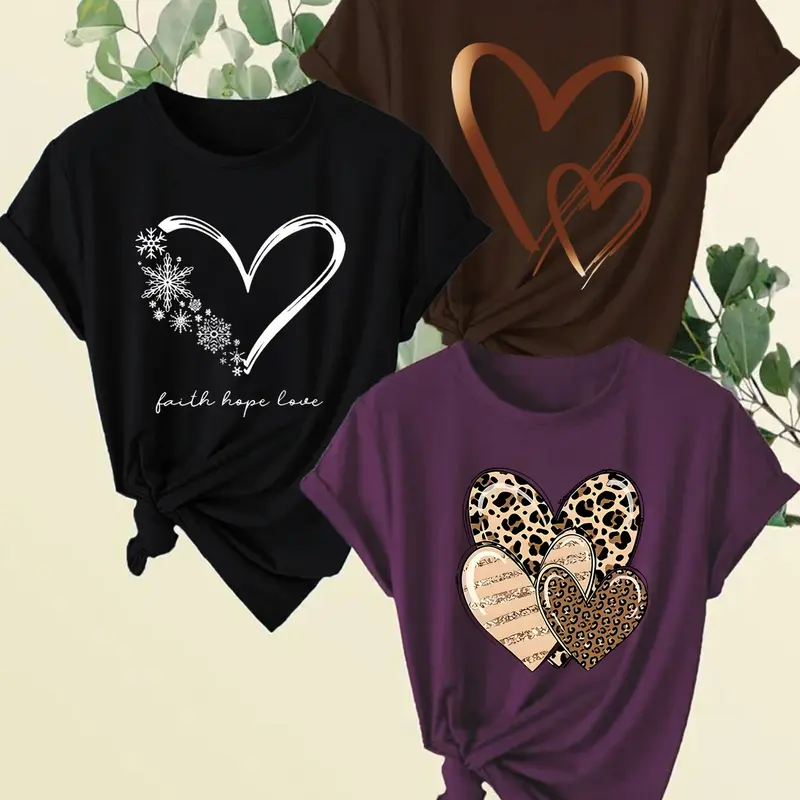 Women's Heart Print Round Neck Tee, Casual Short Sleeve Breathable Crew Neck Fit Twist T-shirt for Daily Everyday Wear, Summer Ladies Clothes for All Seasons, Womenswear Top, Casual Everyday Tops