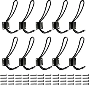 Rustic Entryway Hooks | 10 Pack of Black Wall Mounted Vintage Double Coat Hangers with Large Metal Screws Included