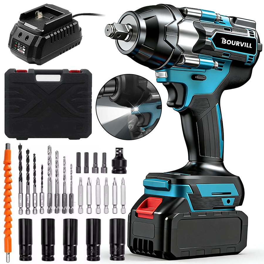 750N.M High Torque Brushless Cordless Impact Wrench 1/2 Inch, 4-in-1 Electric Impact Gun Kit with 2x Batteries, Complete Accessories & Storage Case, Power Tool for Car Lug Nut Removal & Household Construction, Fit Modified Vehicles