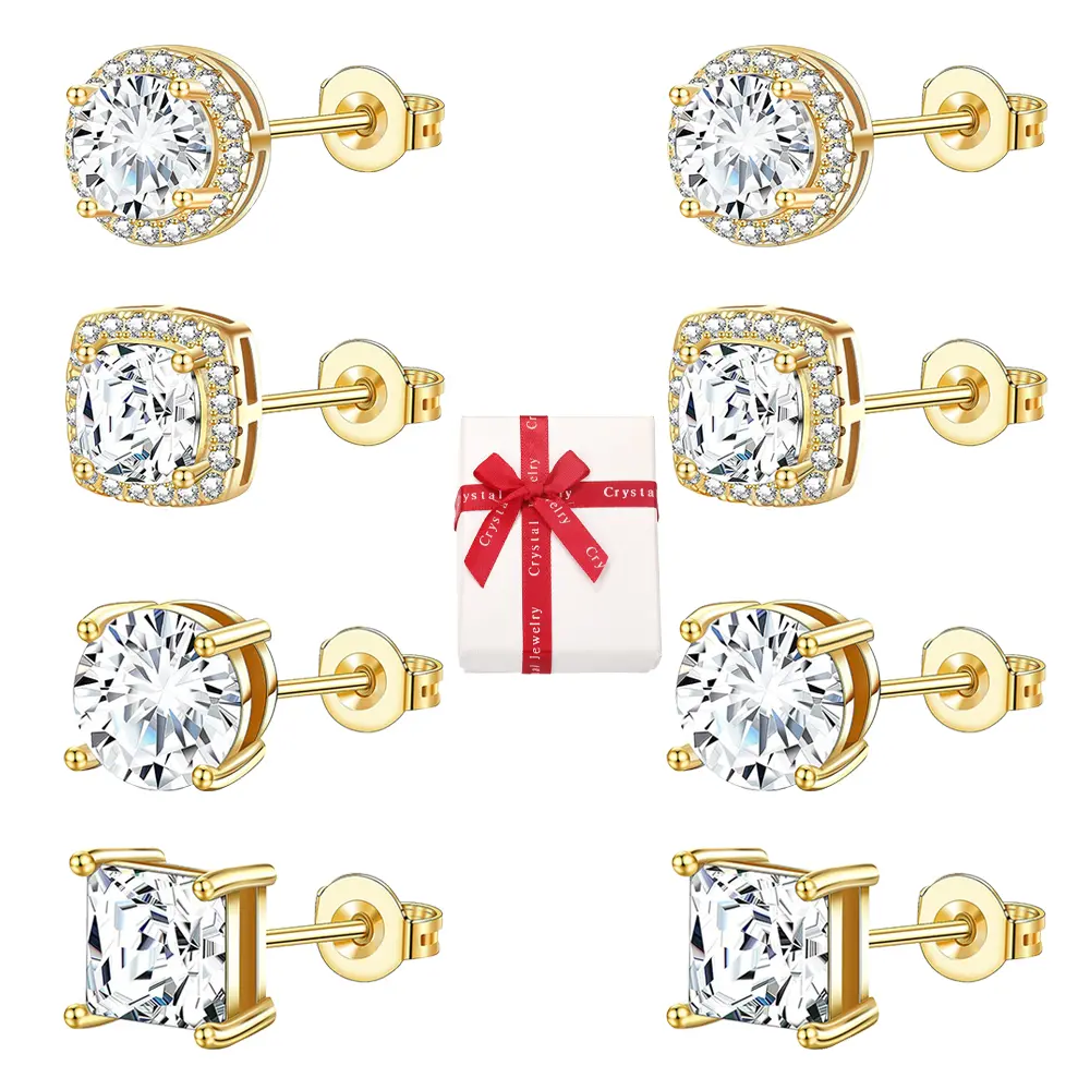 Gold 4 Pairs Stud Earrings Set with Gift Box, 18K Gold Plated Hypoallergenic Cubic Zirconia Post Earrings, High grade Brass CZ Earrings, CZ Cartilage Stud Earrings Jewelry Sets for Women Men, Integrated 4 Prong Zircon Earrings