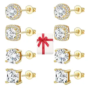 Gold 4 Pairs Stud Earrings Set with Gift Box, 18K Gold Plated Hypoallergenic Cubic Zirconia Post Earrings, High grade Brass CZ Earrings, CZ Cartilage Stud Earrings Jewelry Sets for Women Men, Integrated 4 Prong Zircon Earrings