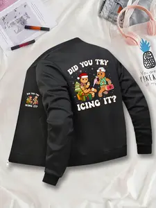 Christmas Print Graphic Long Sleeve Jacket, Women's Zipper Coat, Fitted Casual Daily Wear, Everyday Comfortable Fashion Design, Ideal Gift, Holiday Spirit