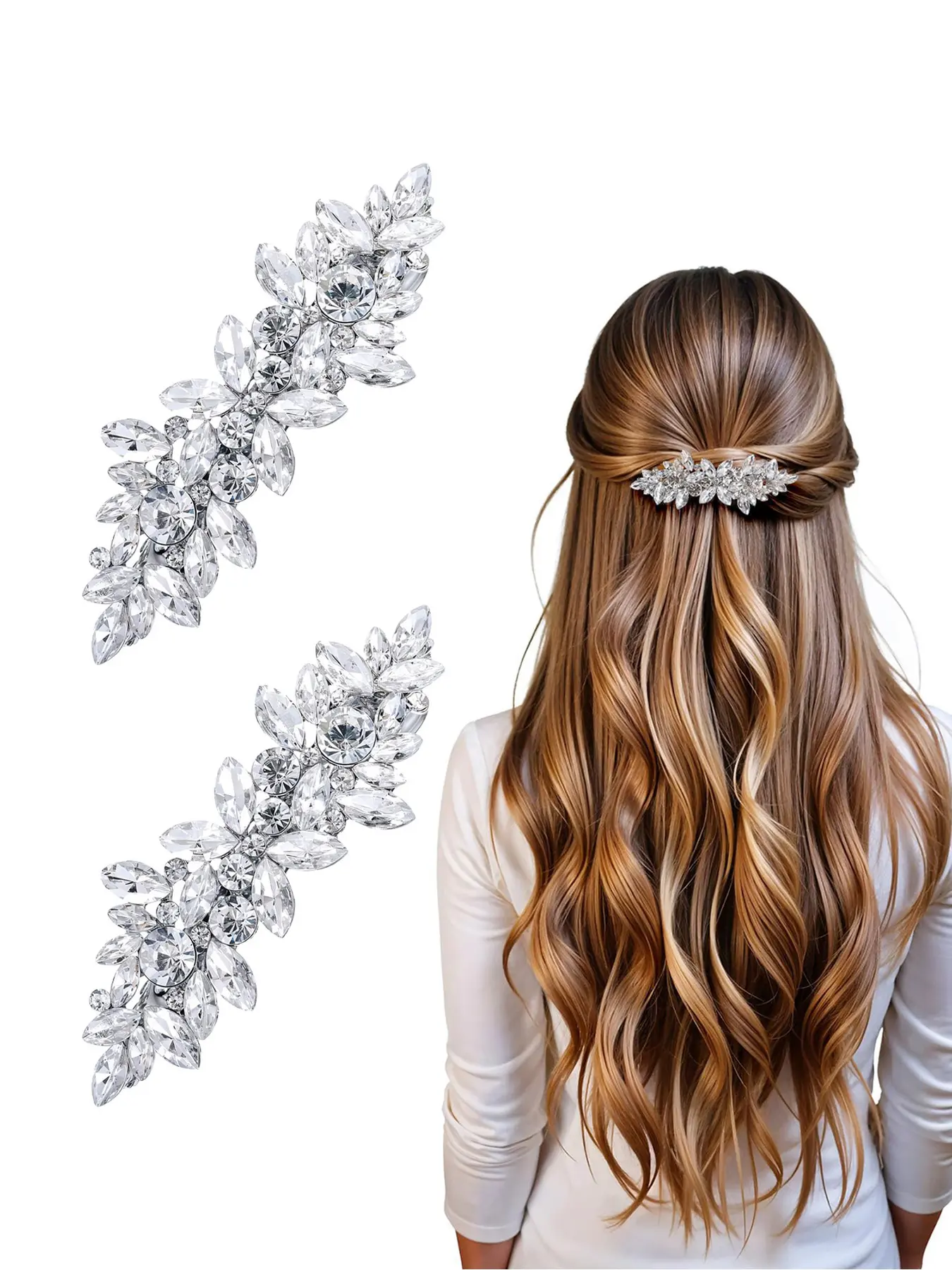 2-piece set of diamond studded flower designs spring clip hair clips, princess style headwear for bridesmaids and weddings, Wedding hair decor, Bridal hair accessories, suitable for semi tied hair at the back of the head, parties, and weddings