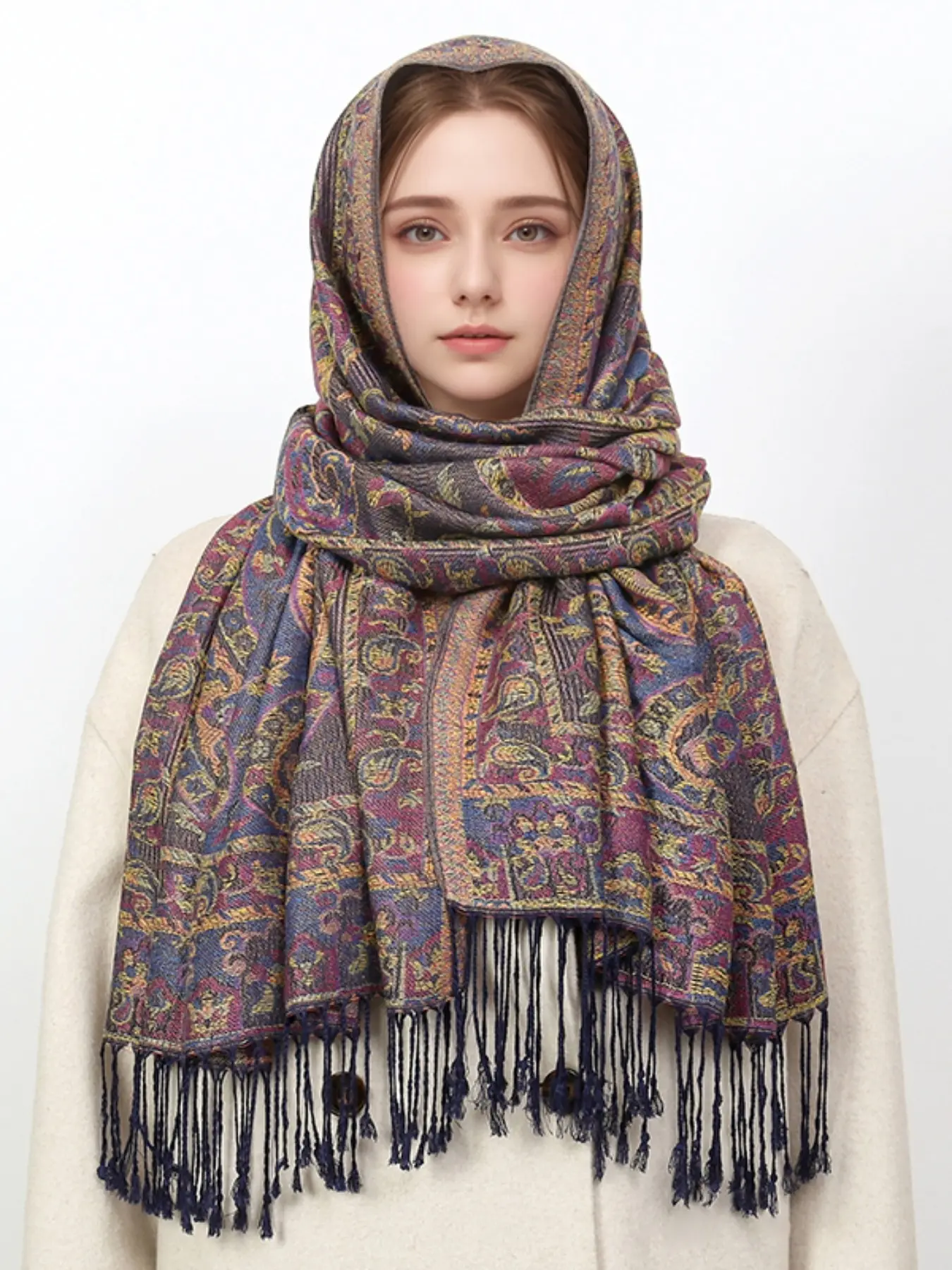 Women's Fashion Ethnic Style Scarf, Boho Style Scarf, Autumn Winter Warm Windproof Headscarf, Textured Knit Shawl, 70x190cm, Perfect for Outdoor Wear Jacquard, Paisley Print Scarf