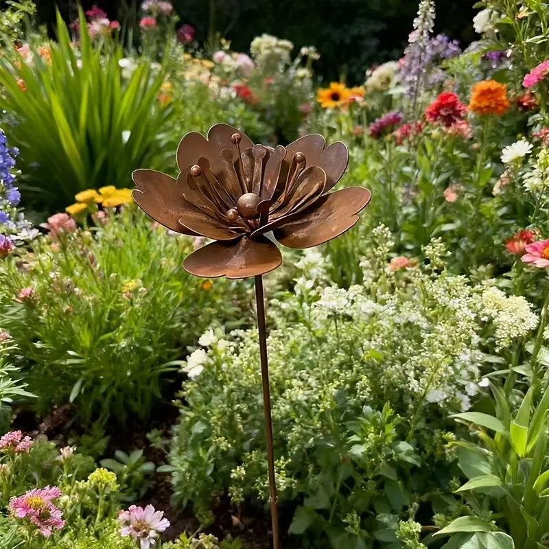 25.98-Inch Rusty Metal Flower Garden Stake, Rust-Colored Plant Flower Statue Sculpture, Iron Flower Decorative Post, Yard Decoration, Housewarming Gift, Home Sign Ornament, Garden Sculptures Statues, Garden Accessories