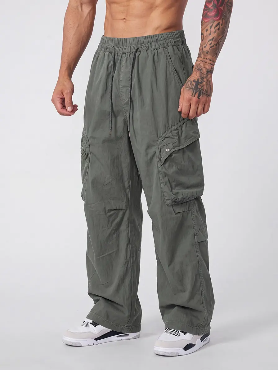 3-pack loose wide-leg cargo pants featuring an all-elastic drawstring waist and three-dimensional layered side pockets with large capacity, suitable for skateboarding streetwear and everyday summer wear.