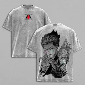 Menswear Vintage Washed Hunter x Hunter Hisoka Double-Sided Round Neck Short-Sleeve T-Shirt, Oversized Retro Distressed Anime Graphic Tee, Harajuku Streetwear Y2K Aesthetic, 100% Cotton Casual Sport Top, Japanese Manga Bungee Gum Print Summer Outfit