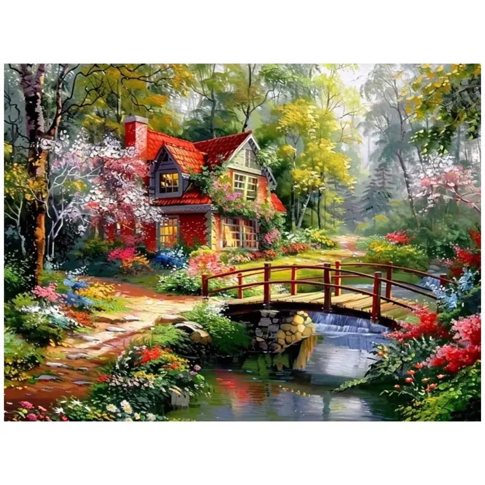 Multiple sizes available including round diamonds, This 5D DIY diamond painting set, Diamond Painting Kits, diamond art embroidery kit home decor gifts, Forest red cottage stream wall art Handmade Gifts
