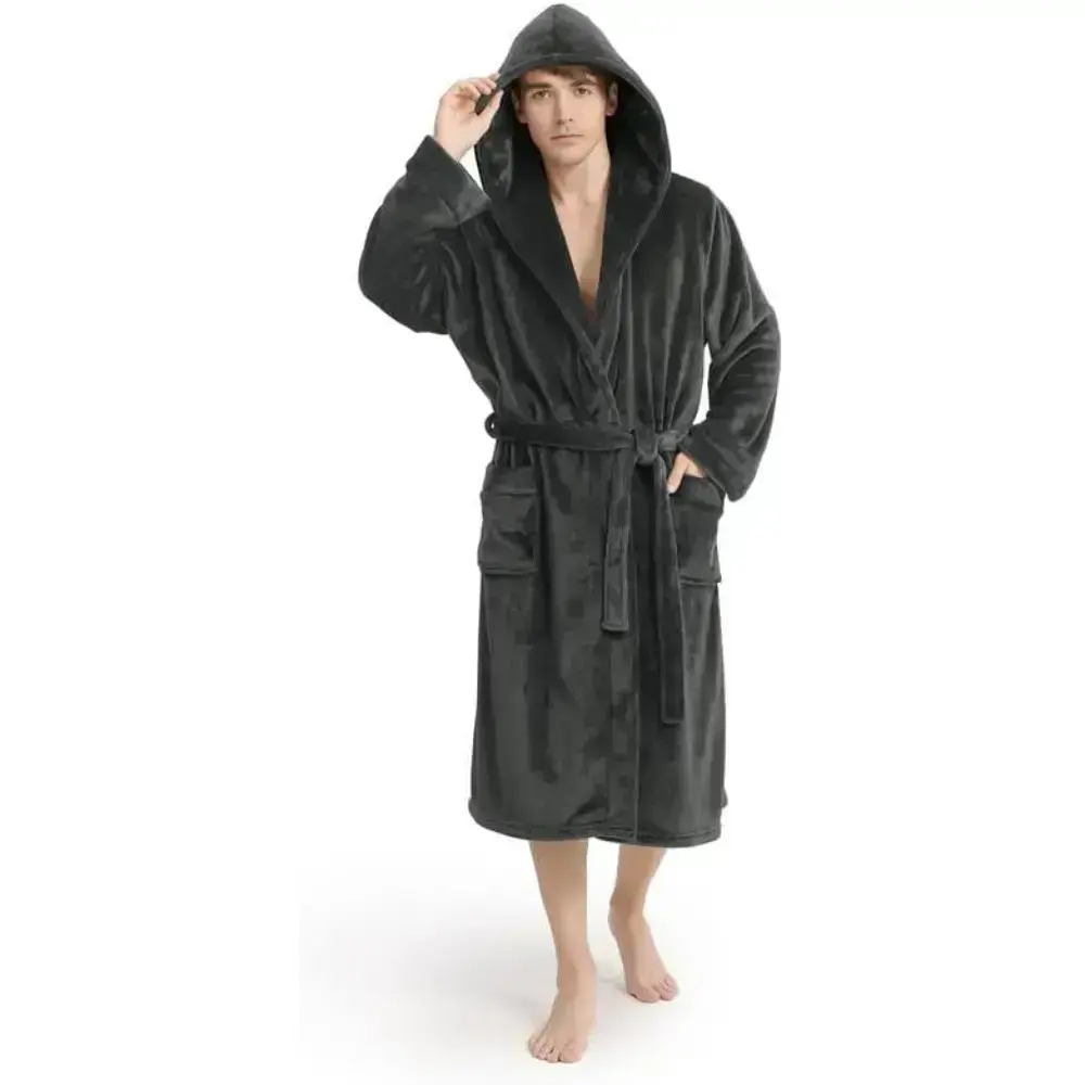 Luxury Men's Hooded Robe, Ultra Cozy Fleece Bathrobe for Men, Plush Robe with Belt and 2 Pockets Luxury Men's Hooded Robe, Ultra Cozy Fleece Bathrobe for Men, Plush Robe with Belt and 2 Pockets