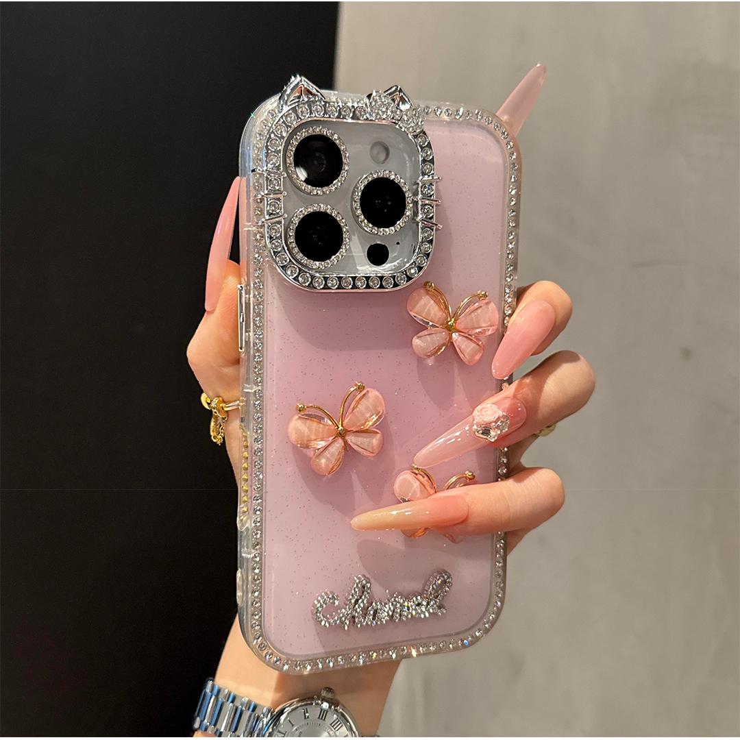 DIY Glitter Clear Phone Case with 3D Butterfly & Rhinestone Charms, Bling Cat Ear Diamond Frame Customizable Protective Cover for IP 17 PROMAX junk