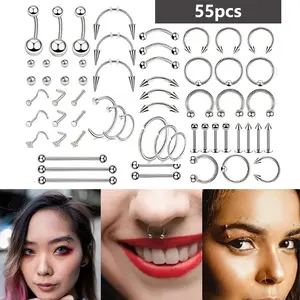 55-Piece Multi-Purpose Piercing Jewelry Combo, Stainless Steel External Thread Lip, Cartilage & Septum Rings, Ideal Gift for Best Friends
