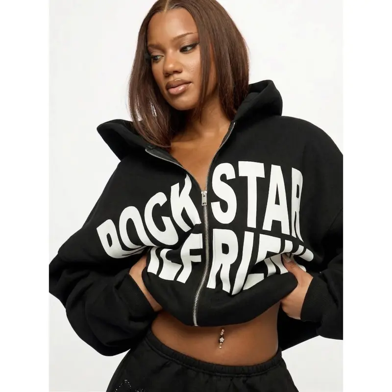 Rockstar Girlfriend Full-Zip Cropped Hoodie Edgy Streetwear Y2K