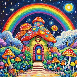 1pcs 5D DIY diamond painting kit, 5D diamond art set, DIY decoration, mushroom house rainbow diamond painting kit full round diamond DIY, mosaic, diamond art, DIY art home decoration, suitable for Halloween and Christmas.