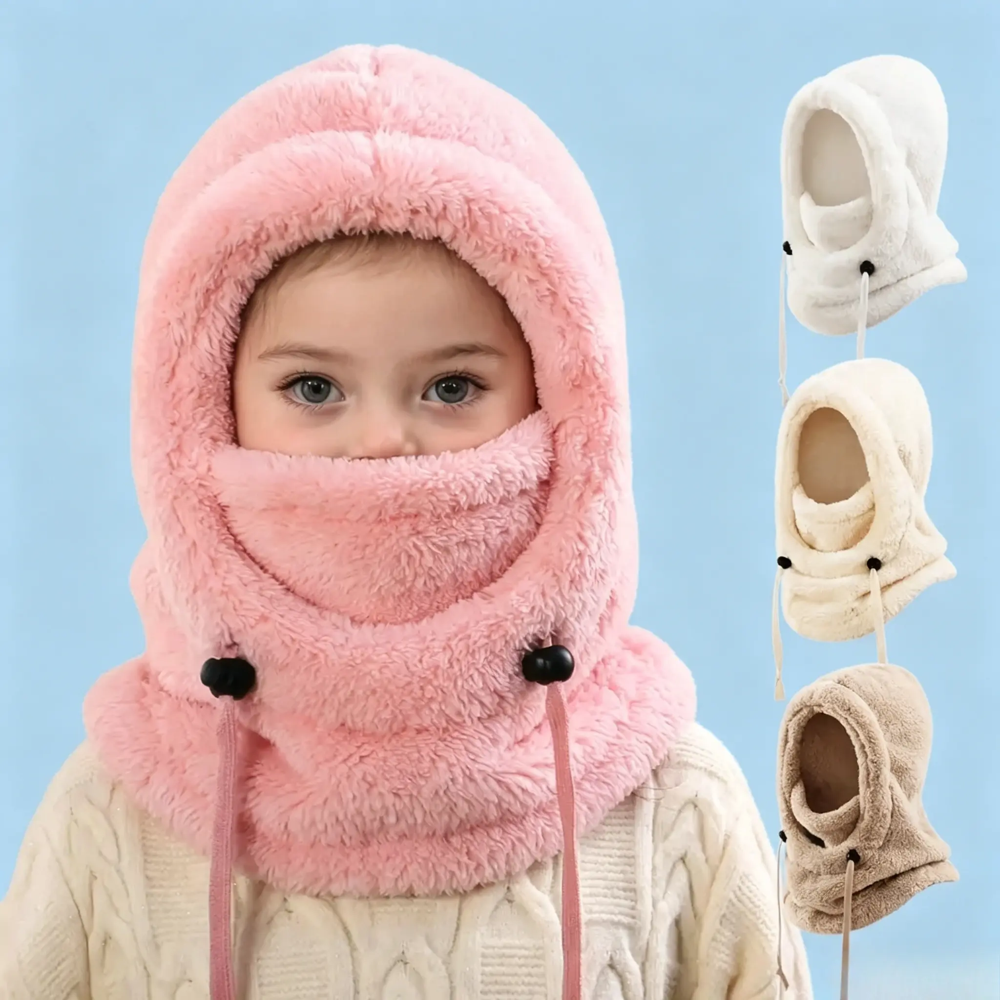 Kids Plush Coral Fleece Balaclava - 3-in-1 Thermal Hood, Face Mask & Neck Warmer, Windproof Custom Fit for Skiing, Kids Outdoor Play, Full Face & Head Coverage, 2-8 Years Old