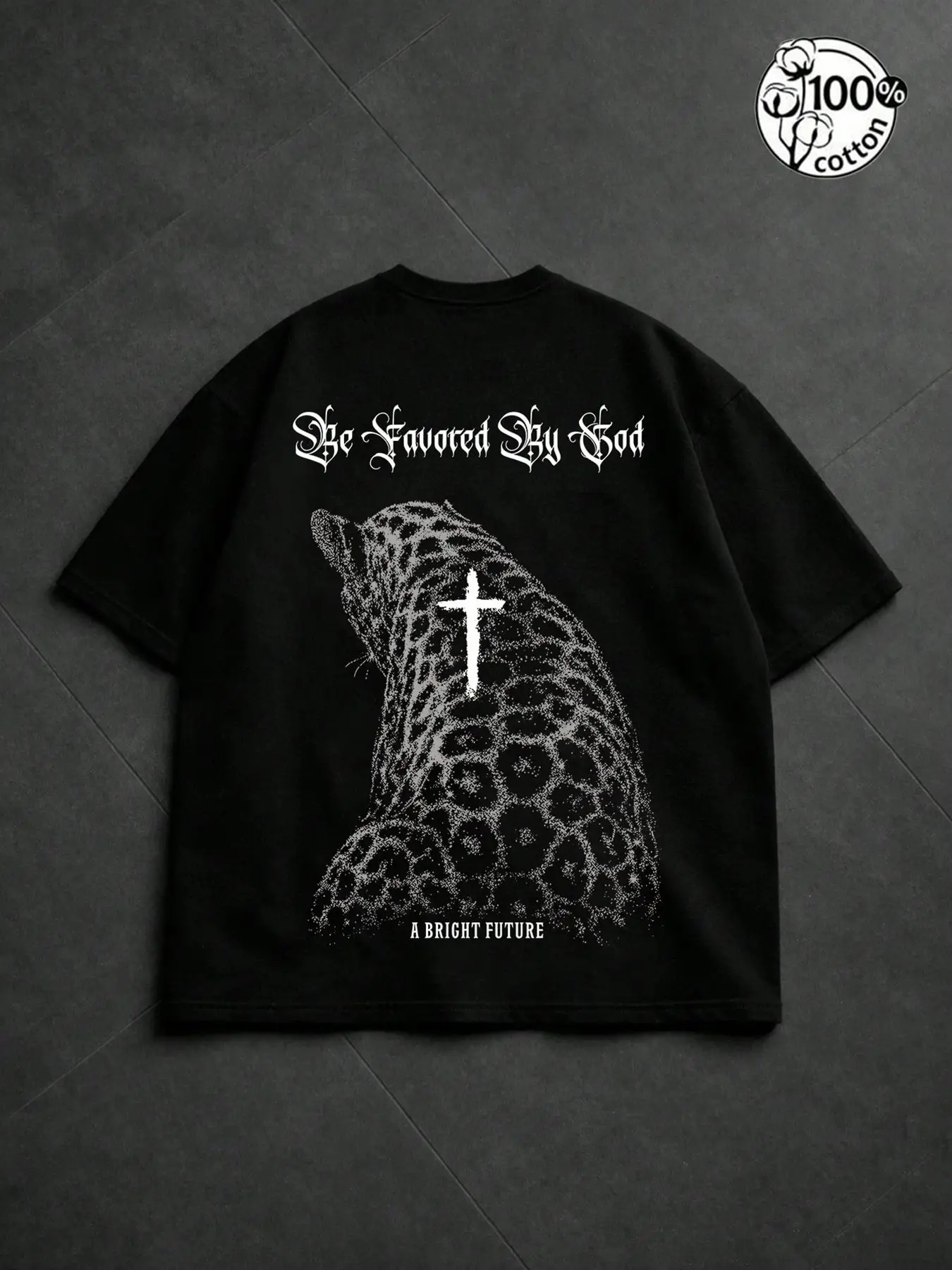 Unisex 100% Cotton Black Oversized Casual T-Shirt | Leopard Print Cheetah Cross & Gothic Text Print Dark High Street Alt Top Fashion