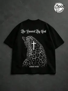 Unisex 100% Cotton Black Oversized T-Shirt | Leopard Print Cheetah Cross & Gothic Text Print Dark High Street Alt Top Fashion