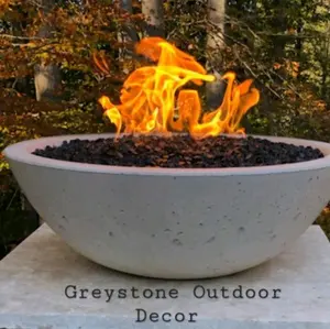 GOD2709 (2) 27 Inch Round 9 inches tall Concrete Pool Fire Bowls. Package includes  (2) 12 inche Stainless Steel Fire Rings 90k BTU each, (2) Manual Key Valves and 100 Lbs. Fire Glass  ( Cobalt Blue) 888.209.3112