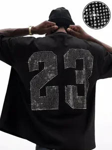 Men's Rhinestone Number 23 Graphic T-Shirt | Luxury Streetwear Sparkly Short Sleeve Tee | Shiny Rhinestone Jersey Style Casual Top | Loose Fit for Street Style, Nightclubs & Daily Wear