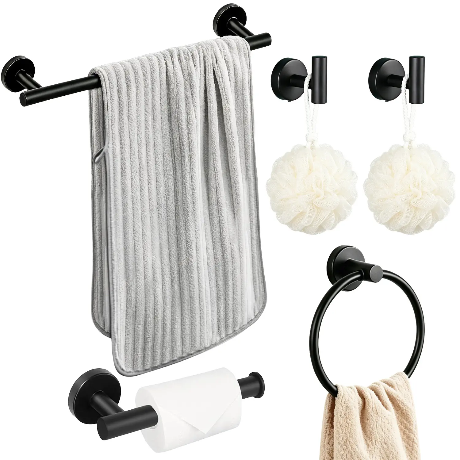 5-Piece Black Stainless Steel Bathroom Hardware Set, Black Bathroom Accessories Kit Including Towel Bar, Toilet Paper Holder, 180° Rotatable Towel Ring & 2 Towel Hooks, Wall Mounted Bathroom Fixtures for Toilet Kitchen