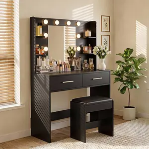 Makeup Vanity Desk With Mirror And Lights Power Outlet, Vanity Table Makeup Desk 2 Drawers, 6 Storage Shelves Hairdryer Holder Dressing Table For Bedroom