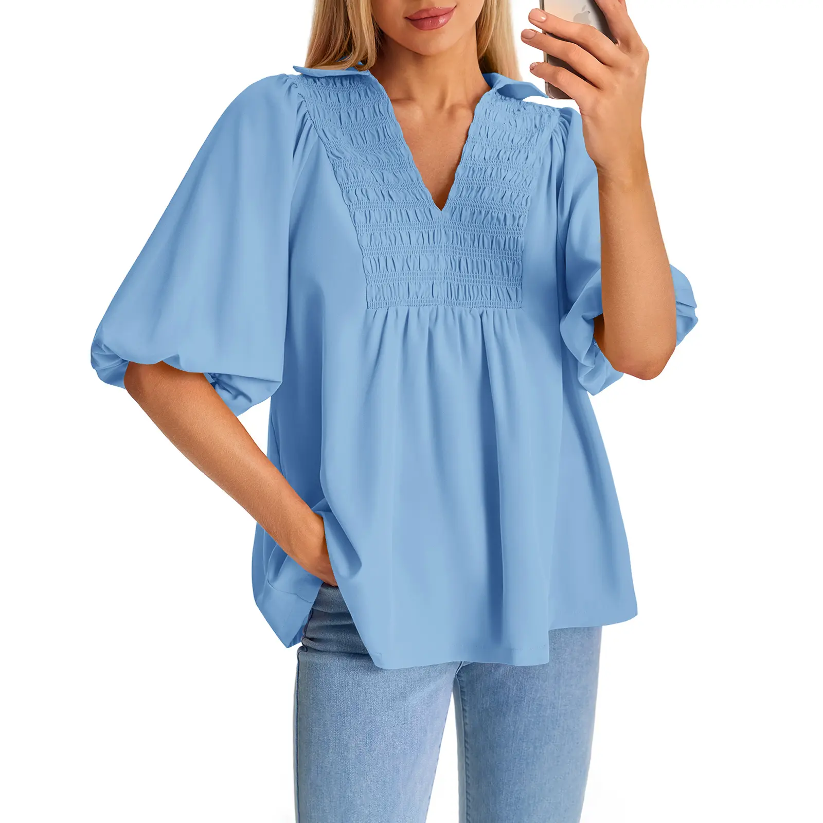 Cicy Bell Womens Summer Puff Sleeve Blouses Smocked V Neck Babydoll Peplum Casual Tunic Tops Loose Fit Pleated Shirts