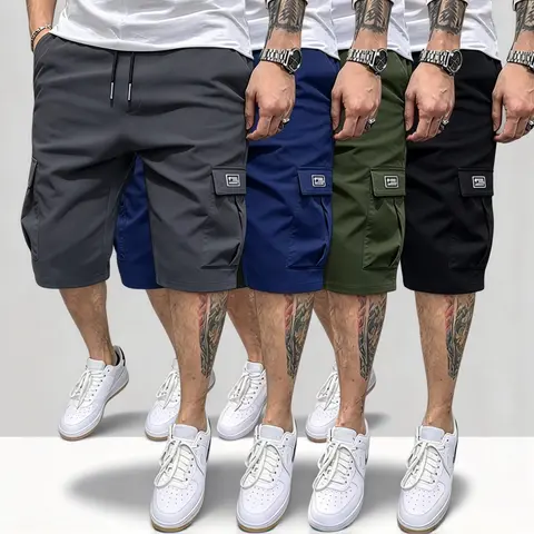 Men’s 4-Pack Solid Color Woven Quick-Dry Active Cargo Shorts - American Streetwear Style, Breathable Sweat-Wicking Fabric, Elastic Drawstring Waist for Comfort Fit, Side Cargo Pockets