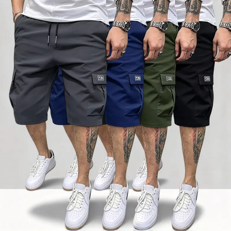 Men’s 4-Pack Solid Color Woven Quick-Dry Active Cargo Shorts - American Streetwear Style, Breathable Sweat-Wicking Fabric, Elastic Drawstring Waist for Comfort Fit, Side Cargo Pockets