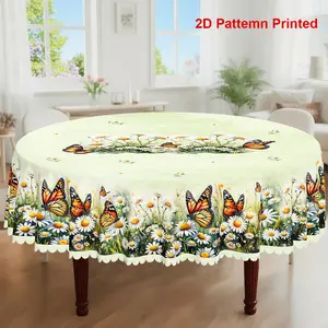 1pc, Spring Summer Themed Party Tablecloth, Butterfly Daisy Floral Printed Design, Rectangular/Round/Oval Table Cloth, Embossed Edge, Suitable For Picnic Dinner Kitchen Dining Room Decoration