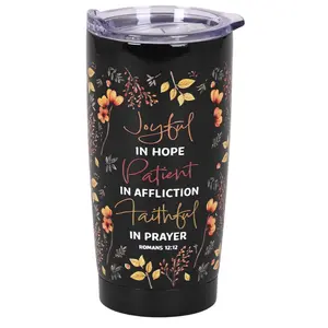360 Stand Stainless Steel Vacuum Flask Tumbler - 20oz Water Bottle, Silicone-Lined Portable Plastic Drinkware with Sliding Lid, Cover, Floral Print, Script Quote, Hand Wash Safe, Dicksons SSTUMB-136 Joyful Patient Faithful Design, Insulation Drinkware, St