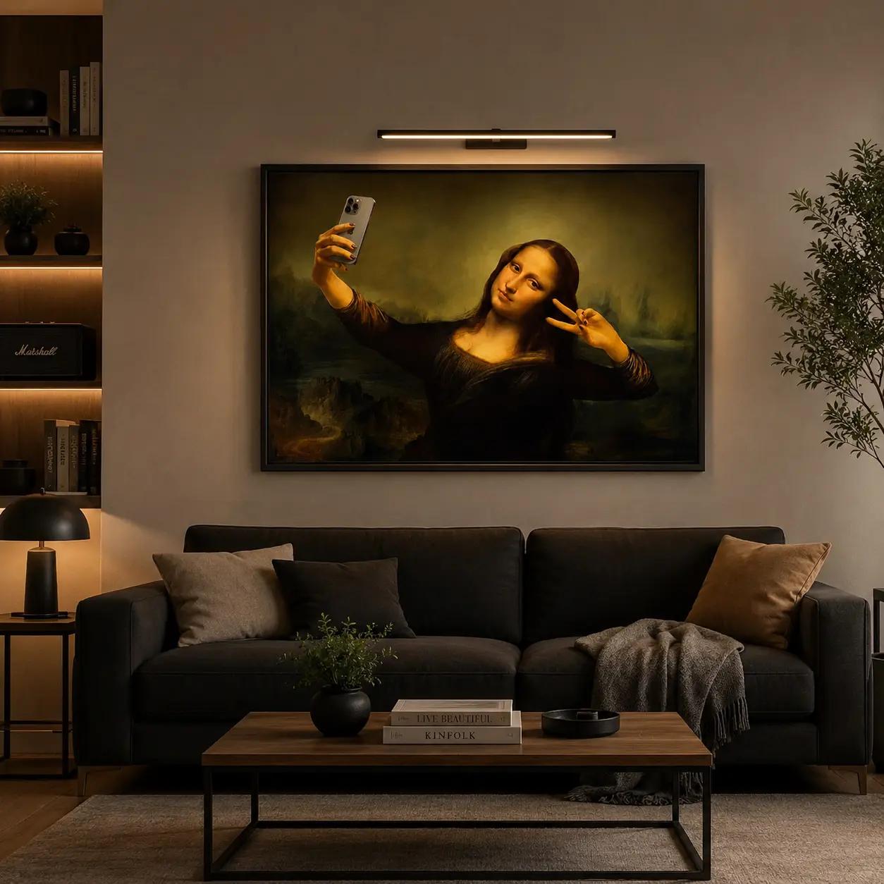2D Flat 1pc Frameless Canvas Painting • Mona Lisa Selfie Canvas Art Print • Fun Creative Canvas Wall Decor for Home, Bedroom, Kitchen, Living Room, Bathroom, Hotel, Cafe, Office, Restroom • Room Artwork Canvas Wall Art Poster