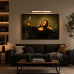 2D Flat 1pc Frameless Canvas Painting • Mona Lisa Selfie Canvas Art Print • Fun Creative Canvas Wall Decor for Home, Bedroom, Kitchen, Living Room, Bathroom, Hotel, Cafe, Office, Restroom • Room Artwork Canvas Wall Art Poster