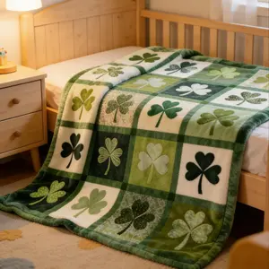 Saint Patrick's Day Lucky Clover Flannel Blanket, Comfortable Lightweight Gift Blanket, Sofa Bedroom Decor, Irish Holiday Pattern Home Decoration, Festive Home Accent