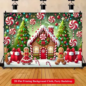 2D Flat Printing Backdrop Banner 1pc, Gingerbread House With Candy Decor Vibrant Polyester Background Cloth for Family Party, Wedding, Birthday, Christmas, Thanksgiving, Fall, Entryway, Room Decorations, Easy to Set Up, Reusable
