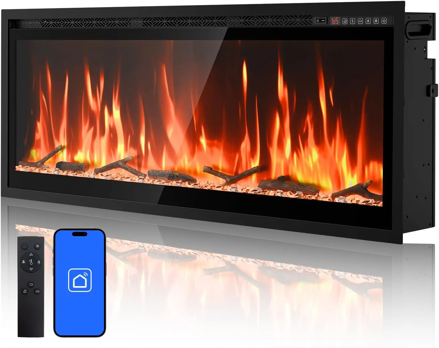 50" Ultra Thin Smart Electric Linear Fireplace - WiFi App, Alexa Voice Control, Recessed/Wall Mounted/Freestanding, 13 Flames, Crackling Sound, 1500W Heater with Timer & Overheat Protection, Ideal for Living Rooms & Apartments (Driftwood Flame Effect), Co