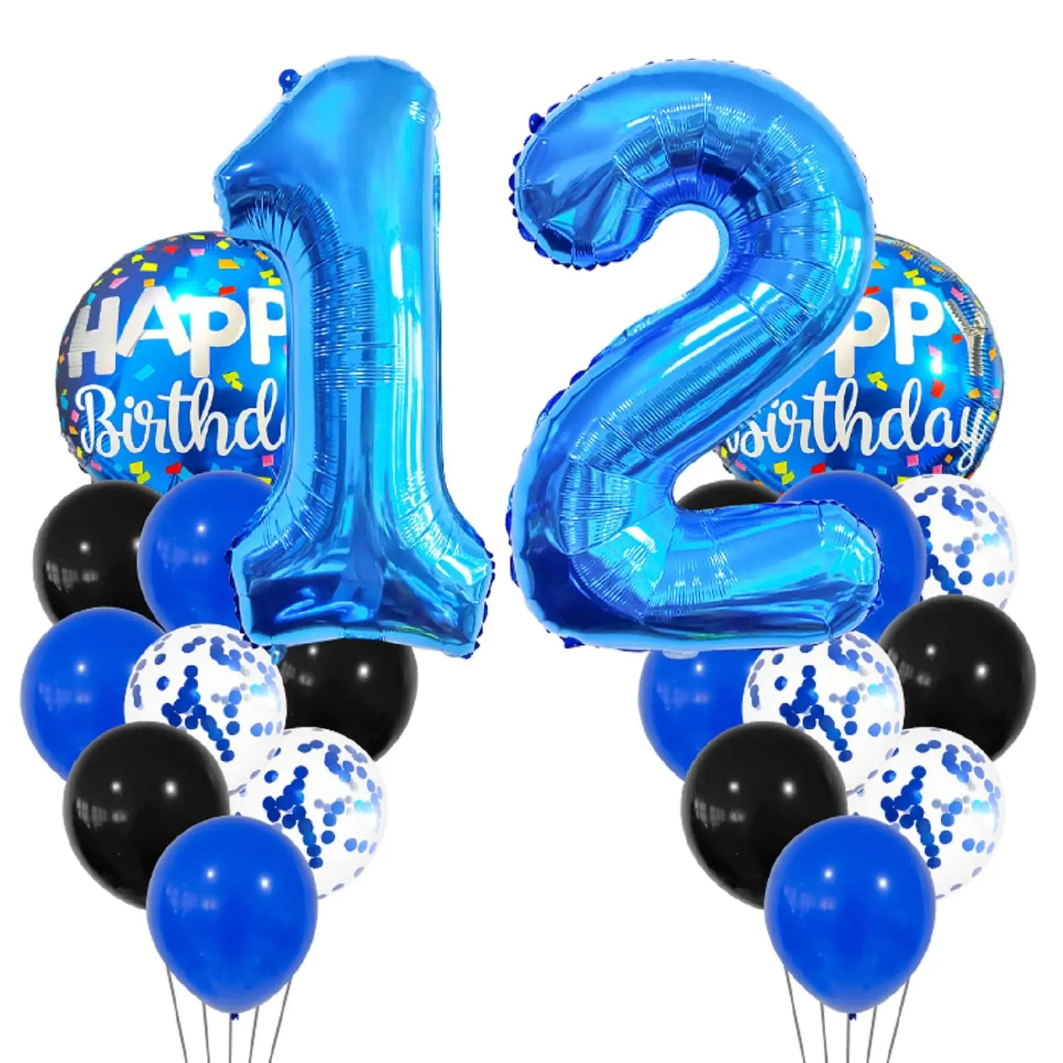Blue Number 12 Party Balloon Set, Latex, Foil Star & Heart Balloons, 12th Birthday, Anniversary, Graduation Decor