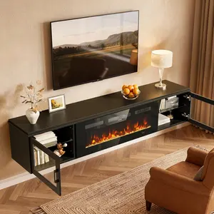 Aoxun 70" Modern Wall-Mounted Floating TV Stand with 36" Electric Fireplace, High Gloss Black Entertainment Center with Storage, Mirror Insert, Fits Up to 80" Sets, Ships in 2 Packages (Living Room Setup)