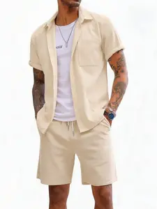 ZAFUL Men's 2 Piece Outfits Casual Basic Solid Color Pocket Corduroy Short Sleeves Button Up Shirt and Drawstring Shorts Set Clothes Menswear men's 2 piece set Suits Shortsleeve